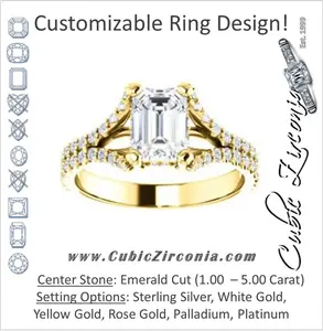 Cubic Zirconia Engagement Ring- The Marilyn (Customizable Cathedral-set Emerald Cut Center with Split-Pavé Band and Prong Accents)