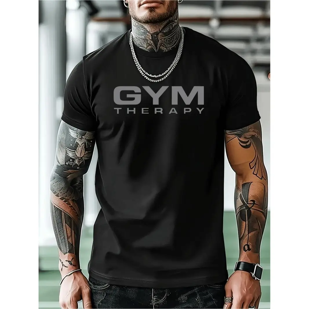 Mens Gym Therapy Graphic Short Sleeve T Shirt Workout Training Tee Athletic Streetwear Top for Weightlifting Fitness Running Gym Days