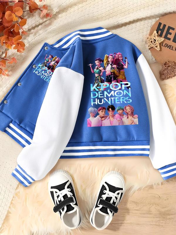 Girls' Kpop Demon Boy & Hunter Girl Group Print Baseball Jacket, Casual Cute Outerwear, Casual Sport School Uniform, Elastic Fabric, Fall Winter Halloween