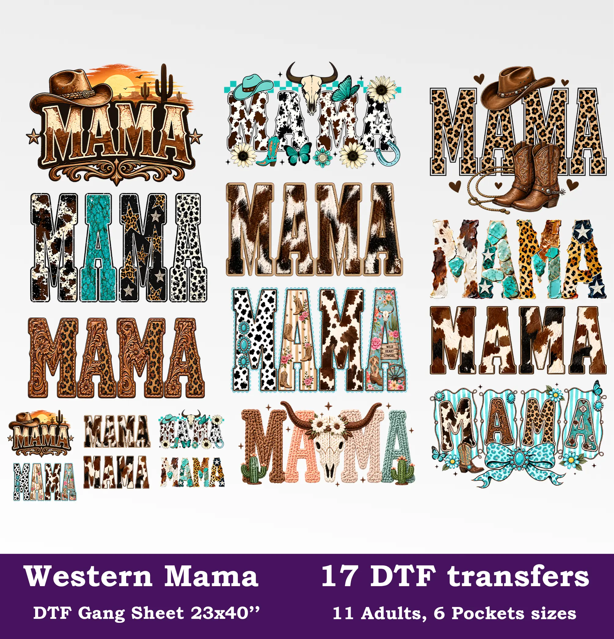 Western Mama DTF Gang Sheet, 23x40 in.  Western Mama Heat transfers