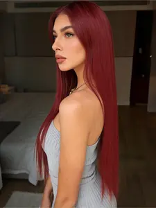 32 Inch Burgundy Straight 13x4 Lace Front Wigs Pre-Plucked Natural Hairline Synthetic Wig Free Part Straight Wig for Women Everyday Wear School Work