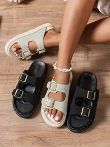 Women's Double Buckle Faux Suede Thick Sole Sandals, Open Toe Adjustable Strap Casual Platform Flip Flops, Summer Outdoor Versatile Shoes, Adjustable Strappy Sandals