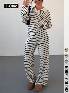 2-piece women's loose Casual striped V-neck dropped shoulder long-sleeved T-shirt and elastic waist striped pants autumn and winter knitted suit