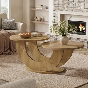 LITTLE TREE Round Living Room Coffee Table, 2-Tier Farmhouse Coffee Table with U-Shaped Frame, Low Accent Center Cocktail Table for Home, Apartment LITTLE TREE Round Living Room Coffee Table, 2-Tier Farmhouse Coffee Table with U-Shaped Frame, Low Accent Center Cocktail Table for Home, Apartment