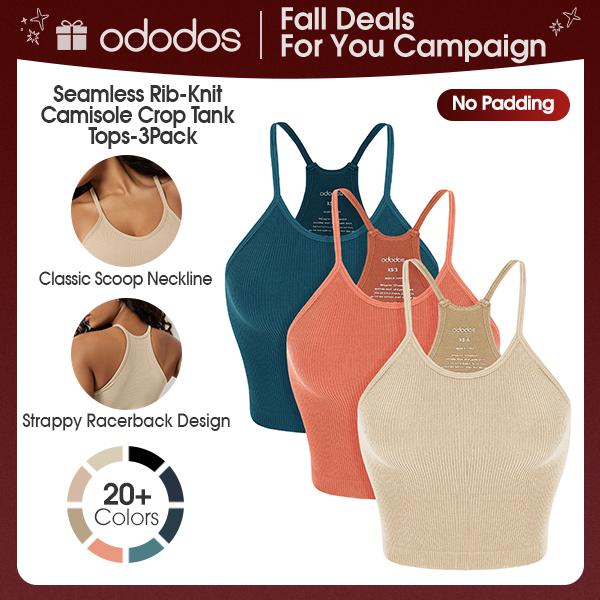 ODODOS Women's 3-Pack Seamless Racerback U-Neck Contour-Hugging Rib-Knit Crop Tops - No Padding, Buttery Soft Fabric, Fitted Tank, Yoga-to-Workout, Everyday Casual Summer Wear