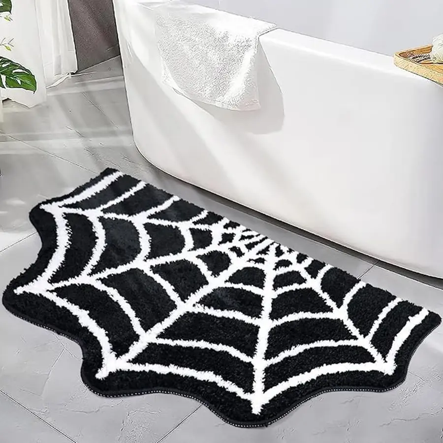 Modern Soft Semicircular Spider Web Bath Mat, Gothic Home Decor, Witchy Halloween Spooky Gift, Horror Goth Room Accent Rug