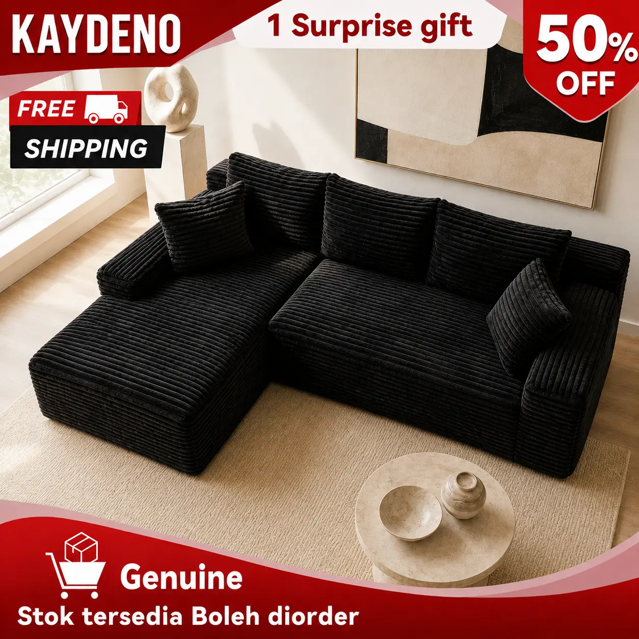Cloud Modular L-Shape Sectional Sofa with Left/Right Chaise, Soft Pillowless Cushions, Boneless Couch for Bedroom, Gaming Room
