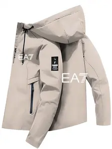 Men's and Women's Fashion Jacket with Ea7 Letter Print, Zipper Pockets, Casual Hooded Design, Polyester, Spring & Fall, Unisex