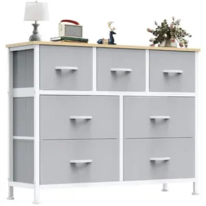 7 Drawer Dresser with Fabric Bins Fabric Storage Tower Organizer for Bedroom Closet Hallway Entryway Tall Chest of Drawers with Steel Frame Wood Top Easy Pull