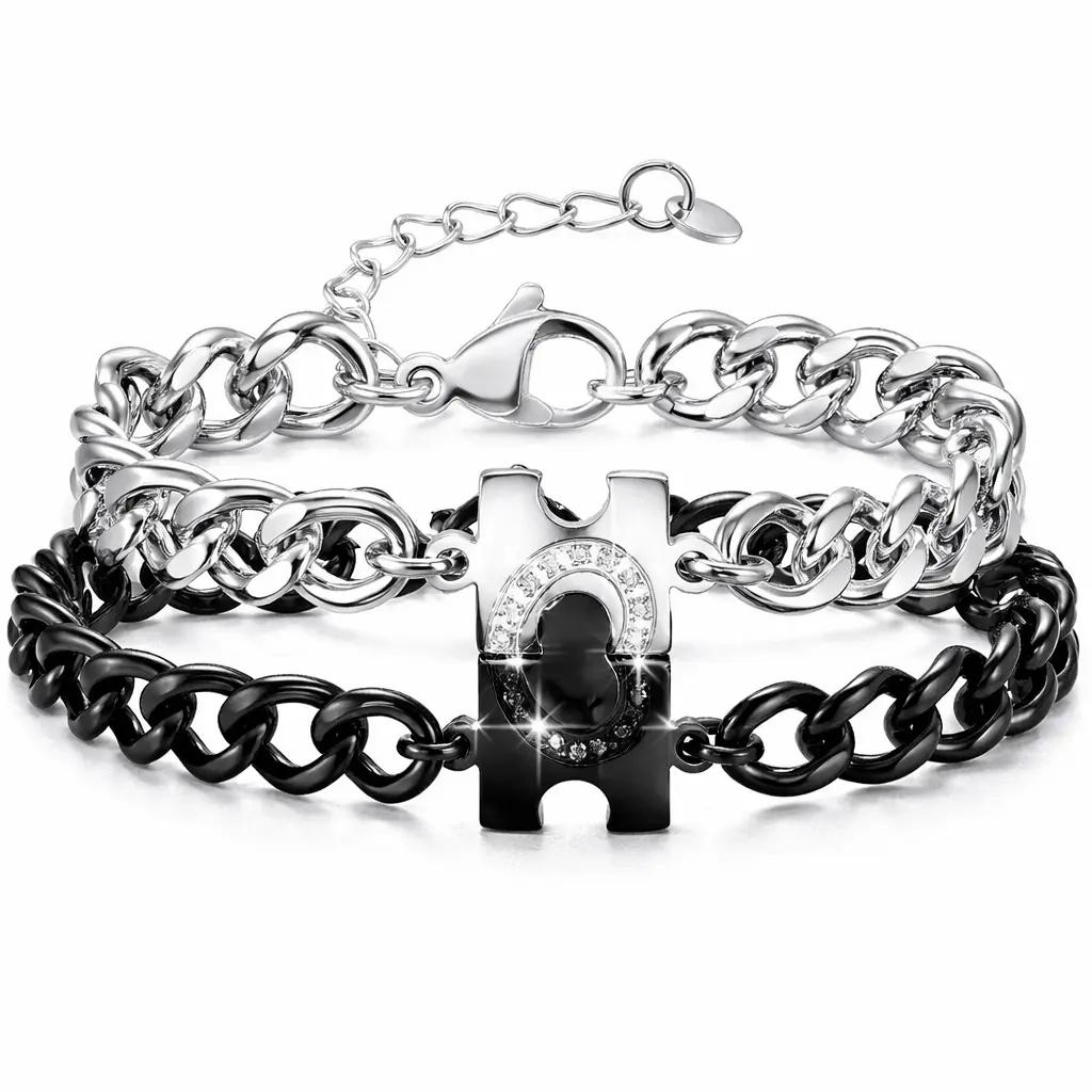 Stainless Steel Interlocks Matching Puzzle Heart His & Hers Couple Bracelet Set - Adjustable Size, Long Distance Relationship Gift for Partners