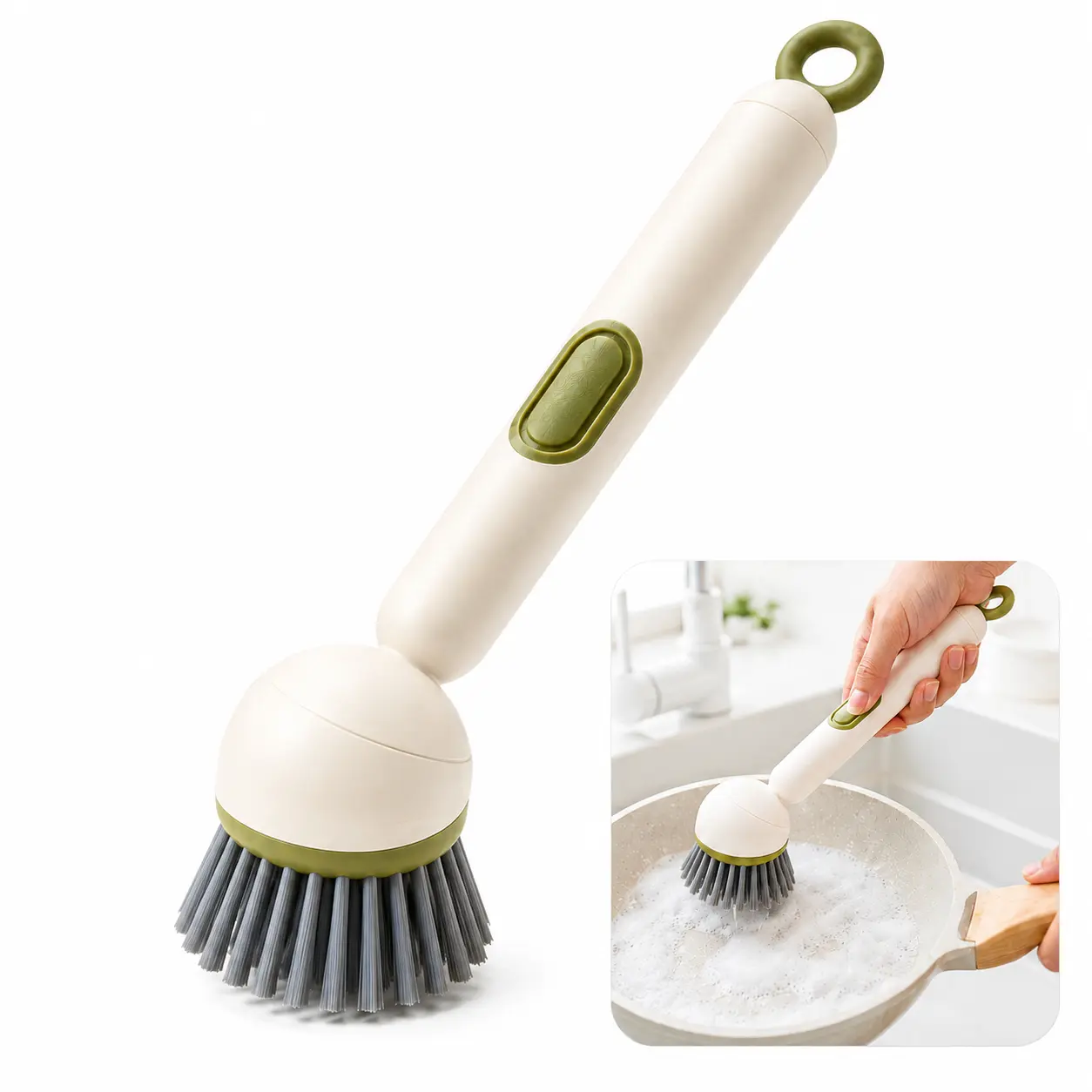 Long Handle Soap Dispensing Pot Brush - Rotating Kitchen Scrub Tool for Pots, Pans, Dishes, Sink, Cookware, Home Cleaning Sponges