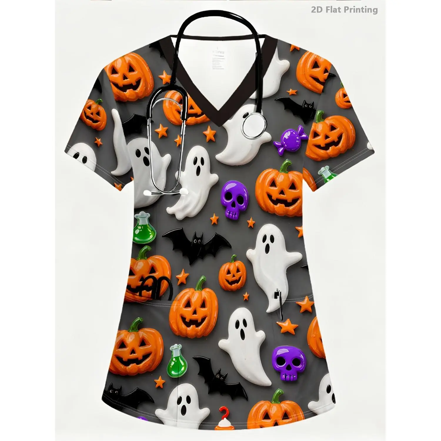 Halloween V-Neck Women’s Printed Nurse Uniform - Cute Ghost and Pumpkin Pattern, Gray Background with Orange, White, and Purple Color-Block Design, Comfortable Breathable Workwear Top with Double Pockets