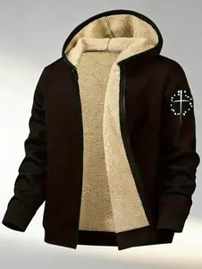 Men's Cozy Fleece Lined Hooded Jacket Full Zip Straight Shoulder Cross Star Logo for Casual Wear Brown Beige