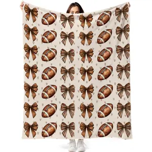 Football Sports Throw Blanket for Boys, Brown Football and Bow on Beige Soft Cozy Flannel Fleece Blankets Ideal Gifts for Football Lovers Men, 50x60 Inch