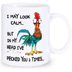 I May Look Calm But In My Head I've Pecked You 3 Times Mug, Funny Rooster Coffee Mug, Chicken Lover Mug (11oz, White)