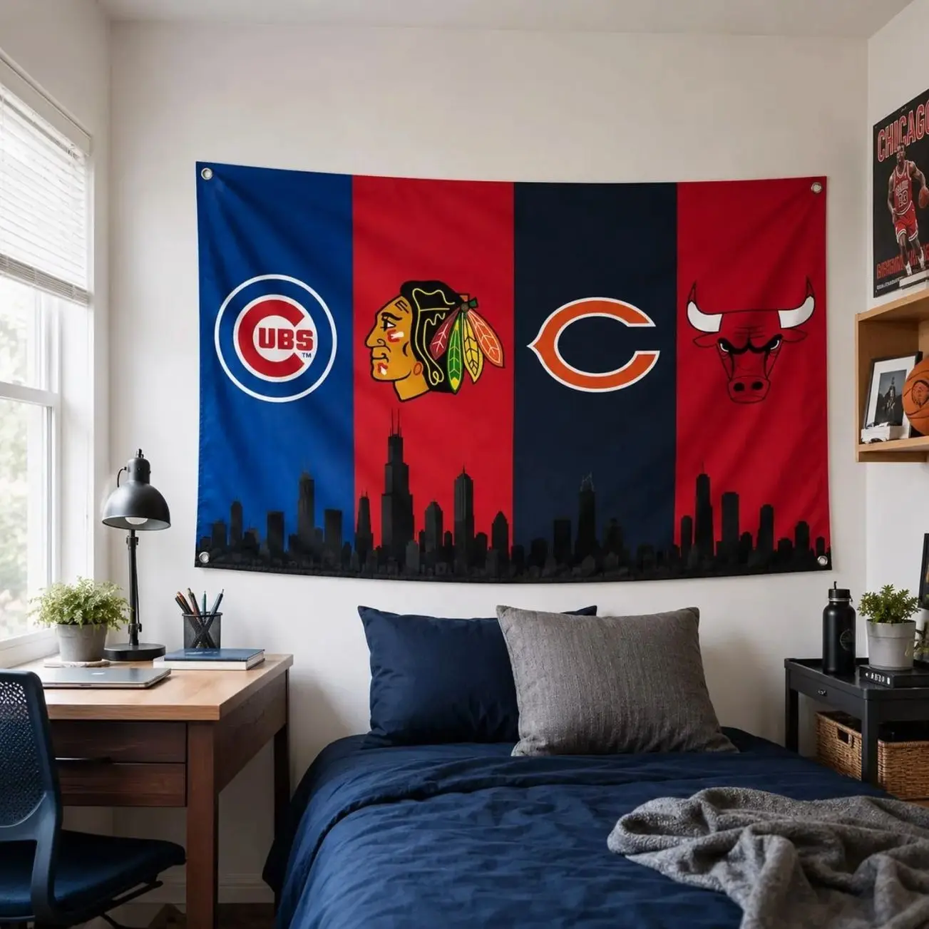Chicago Sports Flag, Cubs Bears Bulls Blackhawks Banner, Chicago Skyline Wall Decor, Sports Fan Gift, Man Cave Tapestry
