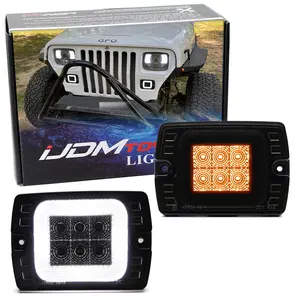 iJDMTOY Black-Out Smoked Lens White LED Driving Light/Amber Switchback Sequential Blink LED Front Turn Signal Light Assembly, For Jeep 1987-1995 Wrangler YJ