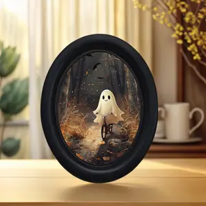 Vintage Halloween Ghost Bike Wall Art, Handmade Oval Wooden Decoration, 5.25x4.16 Inch, Perfect for Christmas & Thanksgiving Decorations