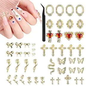 Beetles Gold Nail Charms Set - Metallic Nail Art Tools Bows Cross Butterfly Heart Pearl and Flowers 3D Nails Charms and Gems for Nails Art Design Gold Metal Manicure Accessories Mother's Day gift Spring Nail Taste of Spring Summer Nail Vacation Nail