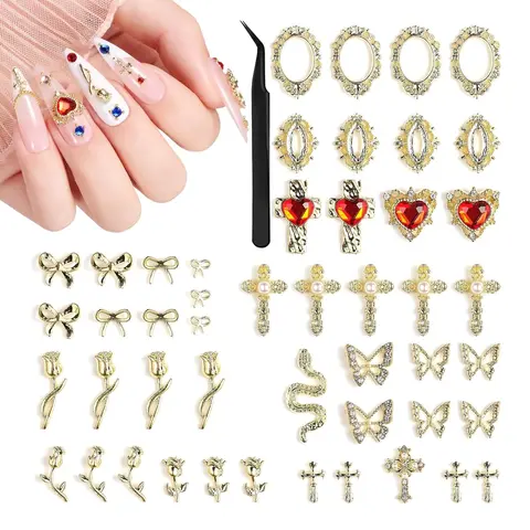 Beetles Gold Nail Charms Set - Metallic Nail Art Tools Bows Cross Butterfly Heart Pearl and Flowers 3D Nails Charms and Gems for Nails Art Design Gold Metal Manicure Accessories Mother's Day gift Spring Nail Taste of Spring Summer Nail Vacation Nail