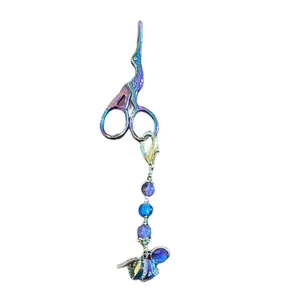 Multicolored Chrome Bird Themed Embroidery Scissors with Handmade Antique Glass Bead Fob, Colorful Fish Charms, and Colorful Design