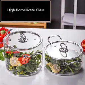 Stainless Steel Glass Pot with High Borosilicate Glass, Transparent Clarity Heat Resistant Double Handle Soup and Stew Pot, Kitchen Essential Cookware, Sturdy Kitchen Cookware, Durable Cookware