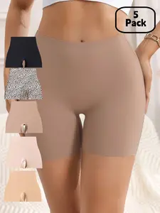 Women's High Waisted Comfortable Breathable Seamless Underwear Panties, Leopard Print Wide Thigh Briefs, Casual Sport Daily Wear, 5 Pack