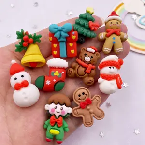 10pcs Mixed Hand Painted Resin Kawaii Colorful Girl Gingerbread Man Snowman Bells Bear Christmas Trees Box Red Green Socks Flatback Cartoon Christmas Figurines Scrapbook DIY Decor Accessories Crafts