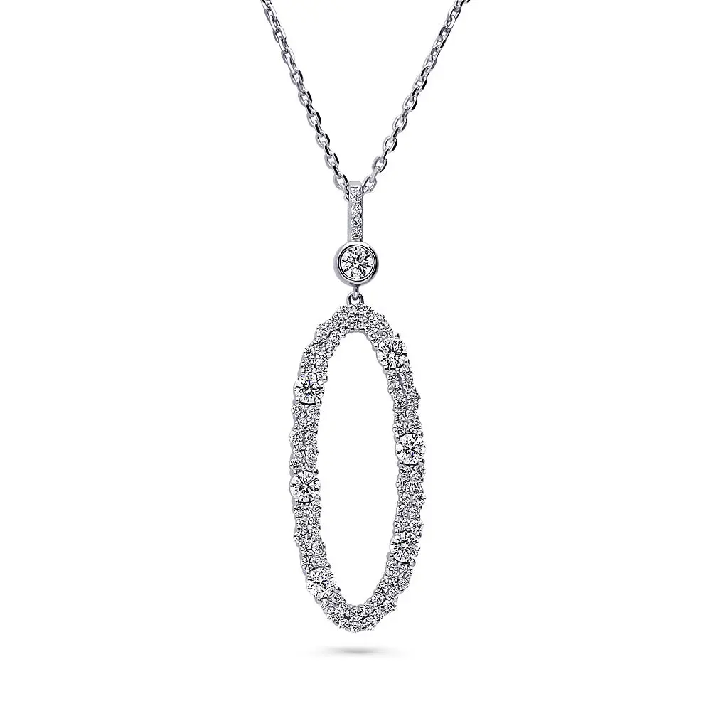BERRICLE Sterling Silver Open Oval Cluster Statement Chunky Pendant Necklace for Women, Cubic Zirconia CZ 16 inch