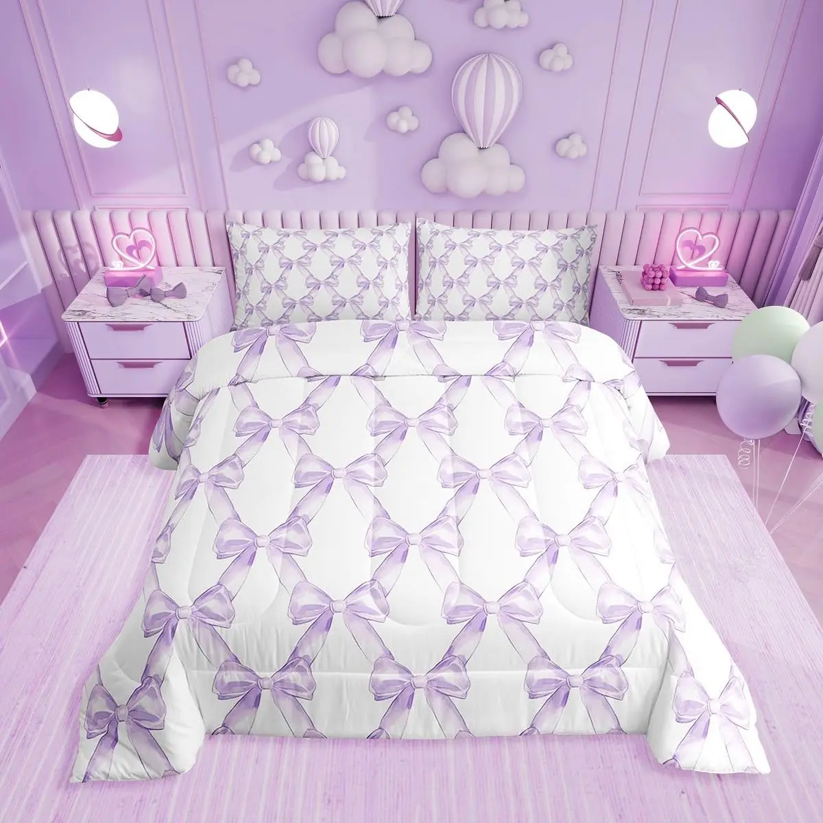 Feelyou Queen Size Comforter Set - Dreamy Princess Style Purple Watercolor Geometric Ribbon Bow Bedding, Breathable Microfiber Soft Decorative Duvet Set, Breathable Duvet Set, Decorative Bedding Set