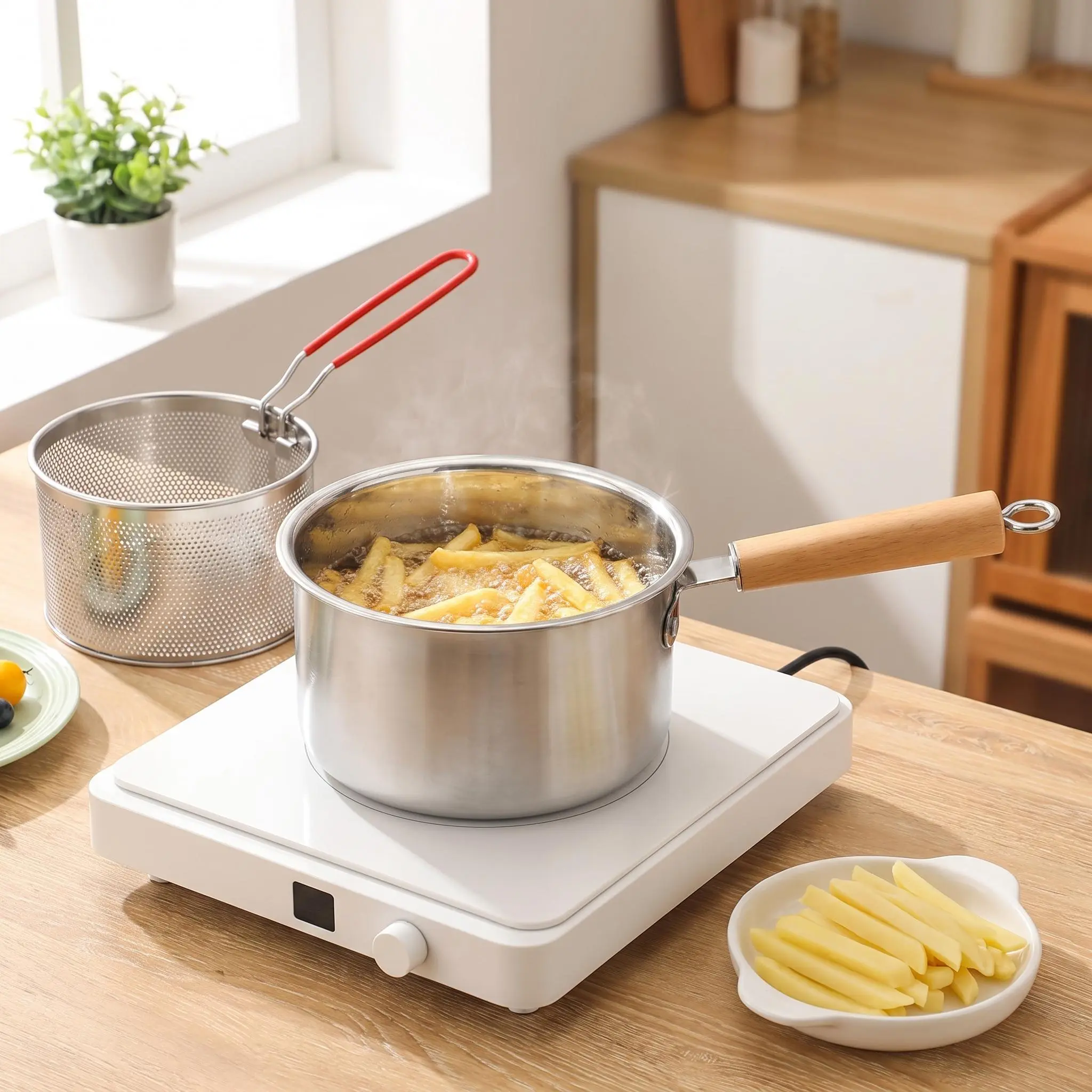 304 Stainless Steel Countertop Oil Fryer Pot Set - Mesh Basket, Oil-Drain Lid, Heat-Resistant Handle, Compact Home Kitchen Sieve & Colander for Crisp Frying