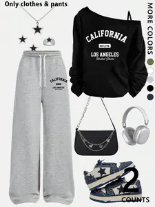 women Asymmetrical Shoulder Top & Wide-Leg Casual Pants Set, Loose-Fit Long-Sleeve Graphic Top with Letter Print Paired with Loose Drawstring Casual Trousers, Soft, Versatile and Ideal for Women