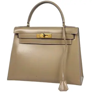 Pre-owned HERMÈS leather Handle Bags HERMES Kelly 28 Sellier Handbag Box Calf Beige 4000035185648