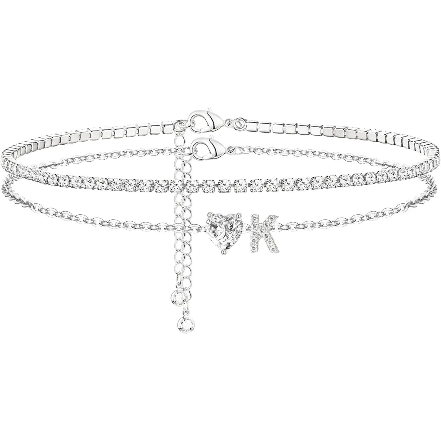 Heart Initial Silver Anklets for Women Waterproof Dainty Silver Plated ankle bracelets for women Large Ankle Women's Anklets Tennis ankle bracelets Non Tarnish Summer Beach Foot Jewelry