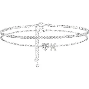 Heart Initial Silver Anklets for Women Waterproof Dainty Silver Plated ankle bracelets for women Large Ankle Women's Anklets Tennis ankle bracelets Non Tarnish Summer Beach Foot Jewelry