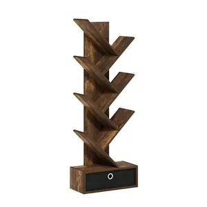 TREE Bookcase, 7-Tier Bookshelf, Tree Bookcase with Bin Drawer, 8.4 x 16.9 x 46.2, for Living Room Bedroom Home Office, Amber Pine/Black