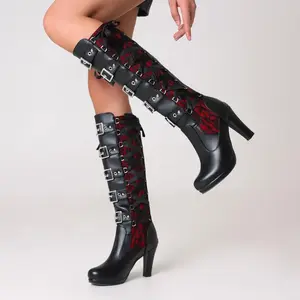 Women Goth Knee High Boots Buckle Lace Block Heel Lace Up Knee Length Boots Back Zip Punk Platform Tall Boots For Wedding Bridal Bridesmaid Dress Party Halloween