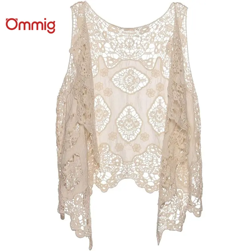 Ommig Women's Knit Lace Asymmetrical Open-Front Vest Cardigan, Boho Detail, Floral Pattern Charm, One Size Casual Beach-to-Party Bikini Coverup, Easy Pick for Parties and Dates