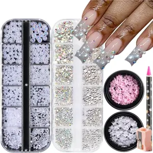 Nail Rhinestones and Pearls Nail Charms, Half Round Pearl Beads With Nail Gems, Ab Color Flatback Pearl White Crystal Stones, 3D Flower Bow Nail Charms, Nail Rhinestones Set with Picker Pencil springtok