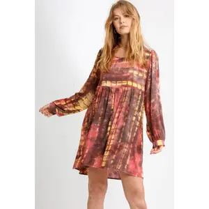 Umgee Full Size Tie Dye Long Sleeve Babydoll Dress with Keyhole Plus Size