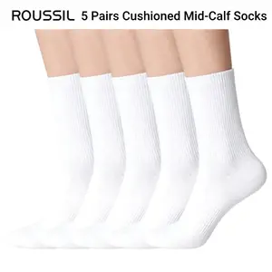 5 Pairs  Sport Essential Cushioned Crew Socks for Women's Daily Wear, Wicking Casual Athletic Socks, Lady's Hosiery, Socks for Women, Lycra Seamless 360° Arch Support Sweat- (Solid White/Black/Gray, Everyday Use)			