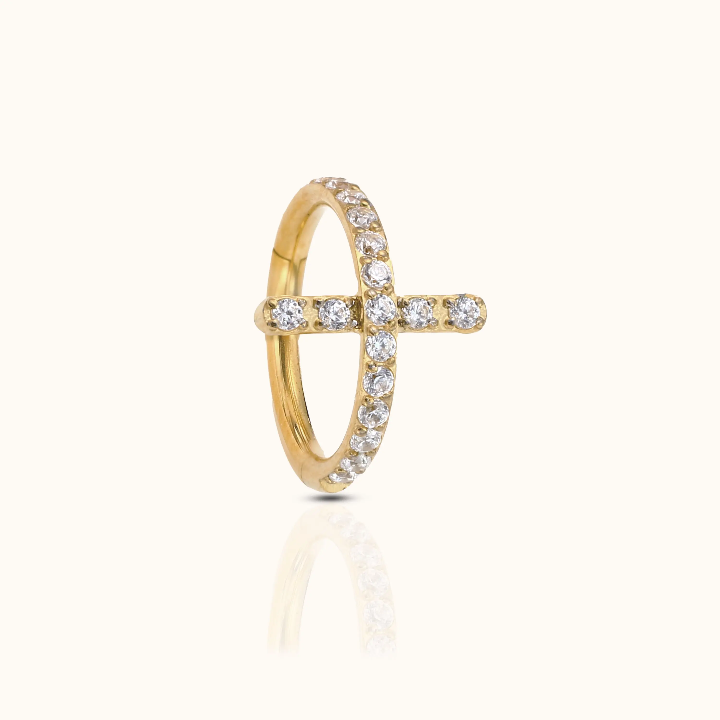 CZ Cross Clicker Titanium PVD Gold Hinged Hoop Earring