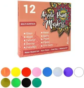 12Colors Acrylic Paint Markers Set, Waterproof Flexible Tip Acrylic Markers, Premium Paint Pens for Various Surfaces, Acrylic Paint Markers, Markers for Coloring, Art Supplies, Coloring Supplies