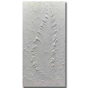 Boiee Art,24x48Inch Handmade Wrapped Canvas Paintings Pure White Textured Feather Wall Art Minimalist Style Vertical Contemporary Artwork Framed Art Wall Decor