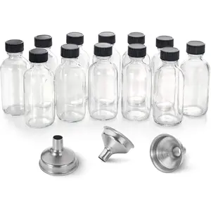 [New deal] -  12 Pack 2 oz Small Clear Glass Boston Shot Bottles with Lid & 3 Funnels 60ml for Health Immunity Potion Wellness Sample Ginger Juice Travel Bottles