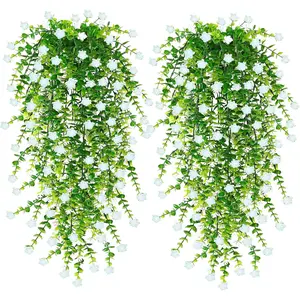 5PCS Hanging Plants Artificial Hanging Eucalyptus Plant Fake Vine Plants Greenery Artificial Flowers for Outdoor Indoor Patio Garden Home Shelf Wall Room Decor (White)