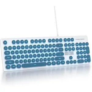 Retro Typewriter Blue Keyboard Full Size, 104  LED Backlit Wired Membrane Keyboard with Number Pad, Ultra Slim Quiet /Office  Keyboard for PC, Laptop, Desktop (Blue)