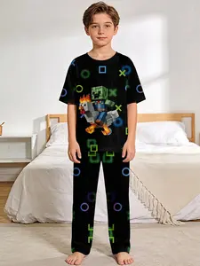 Pixel game Black Tide 2-piece boys' short-sleeve pajama set with digital print, featuring extended-length sleep pants. A stylish, trendy, casual, comfortable and soft pajama ensemble, suitable for boys' sleep and home leisure. A perfect gift for boys.
