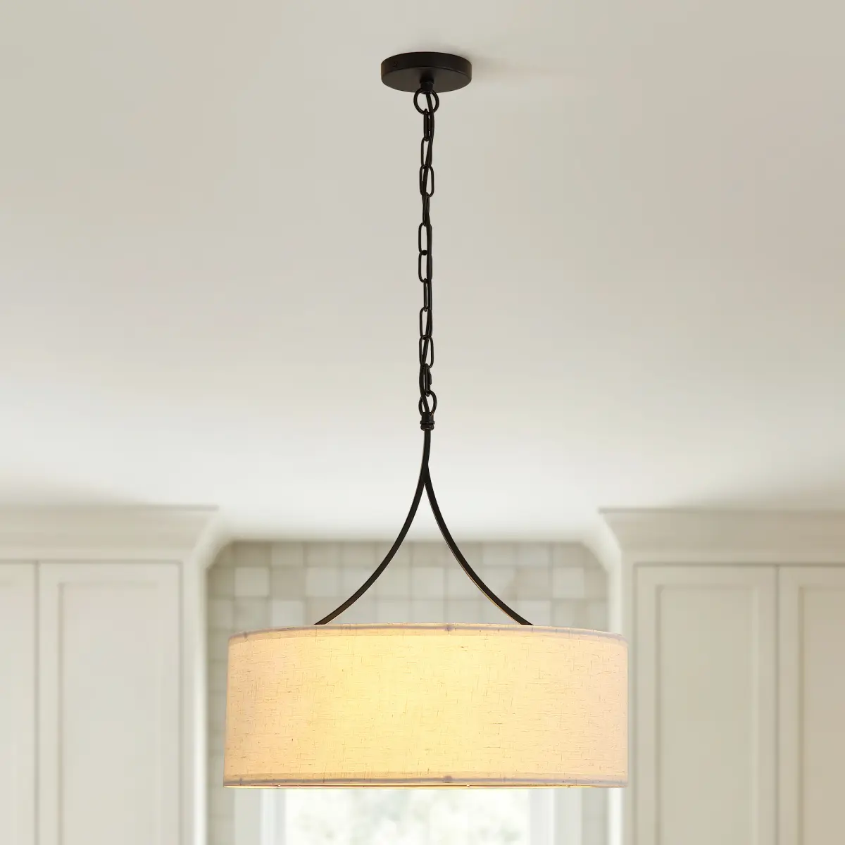 3-Bulb Barrel-Shaped Hanging Decorative Light, Matte Black Premium Metal Frame, 27.24"-69.17" Adjustable Chain, Glare-Free Soft Fabric Shade, Mid-Century Minimalist E26 Base 60W Per Bulb Farmhouse Ceiling Lighting, Easy Install for Dining Room, Bedroom