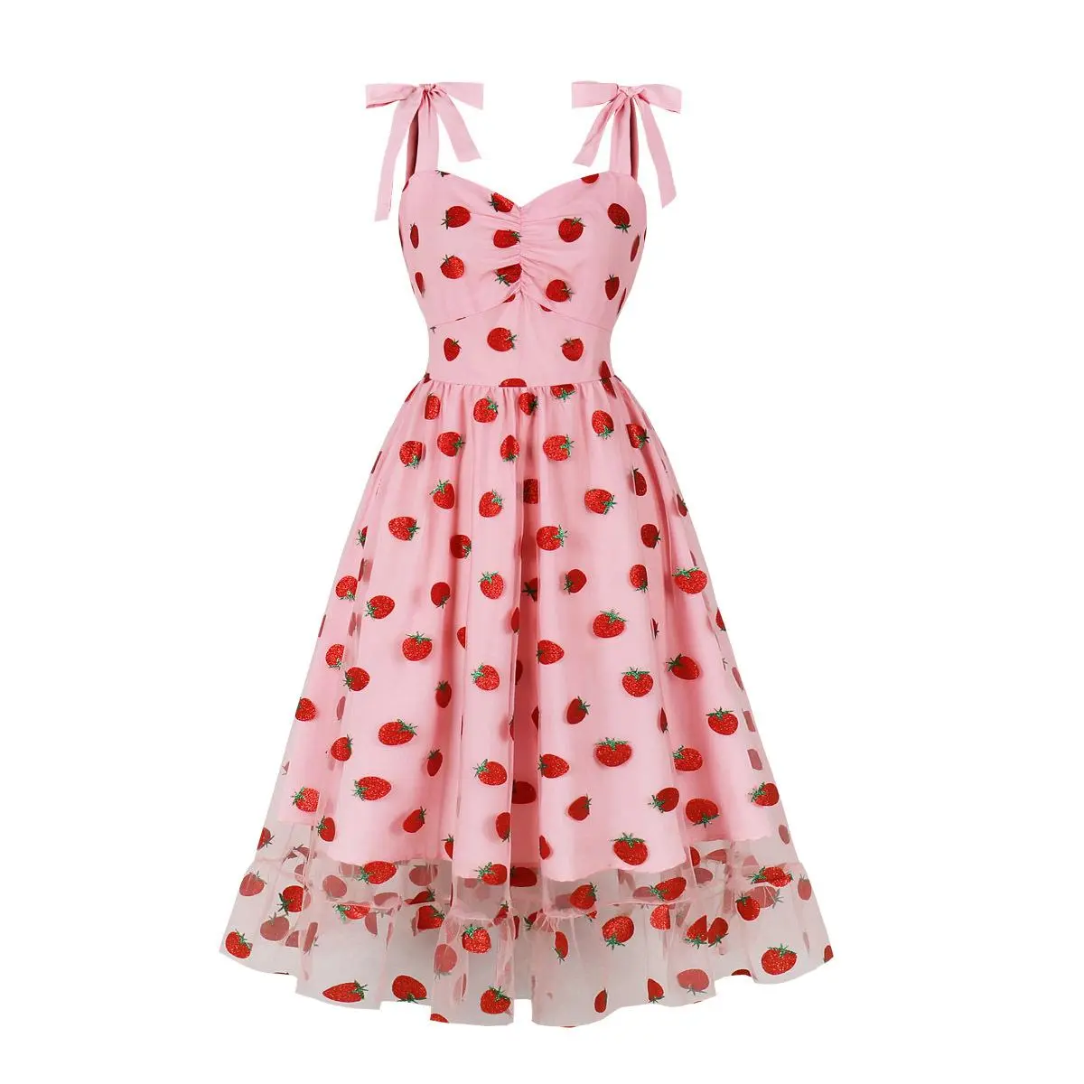 Pink 1950s Strawberry Mesh Swing Dress - TikTok Shop